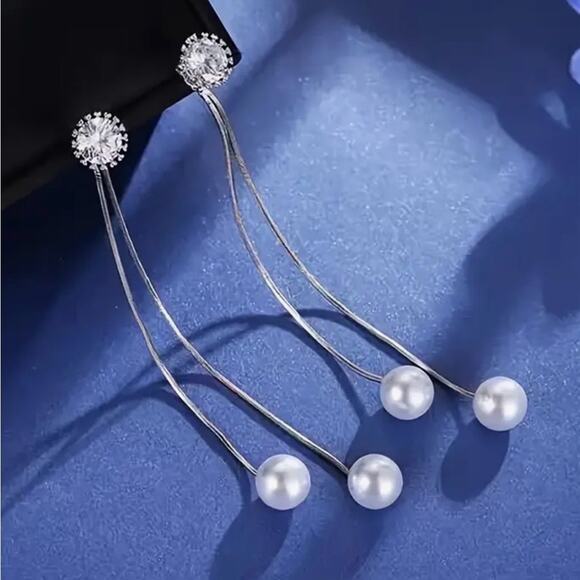 Elegant Silver color and Pearl Drop 2.96 inches with crystal design Earrings - Picture 2 of 3